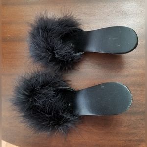 Women's black mules with feather uppers.8.5M.